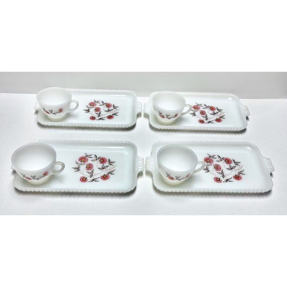 Vtg Fire King Snack Plates Set Pink Fleurette Milk Glass Dessert MCM Tea Coffee